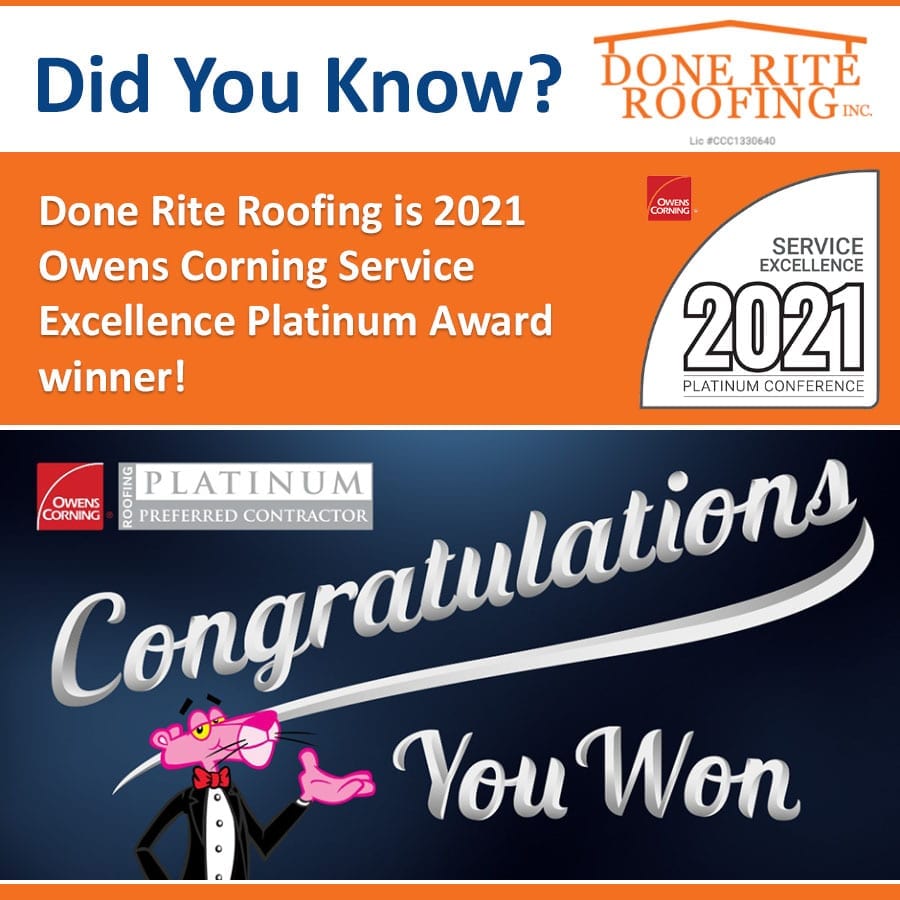 Done Rite Roofing Is Owens Corning Service Excellence Platinum Award Winner 2021 Home